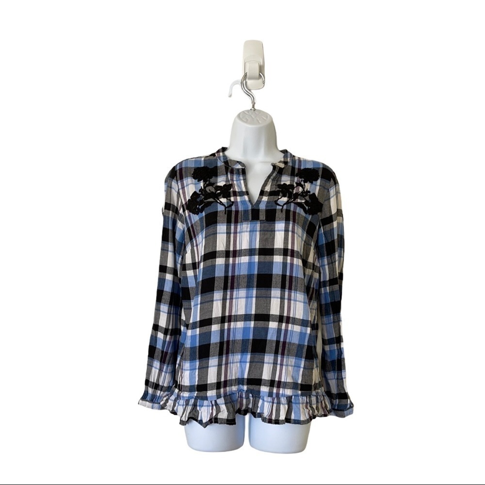 Joe Fresh Plaid Ruffled Embroidered Top Size Small
